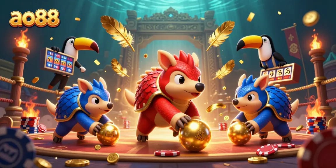 Join the exciting action at ao88 with rival pangolins bowling through poker chips in a vibrant casino scene.