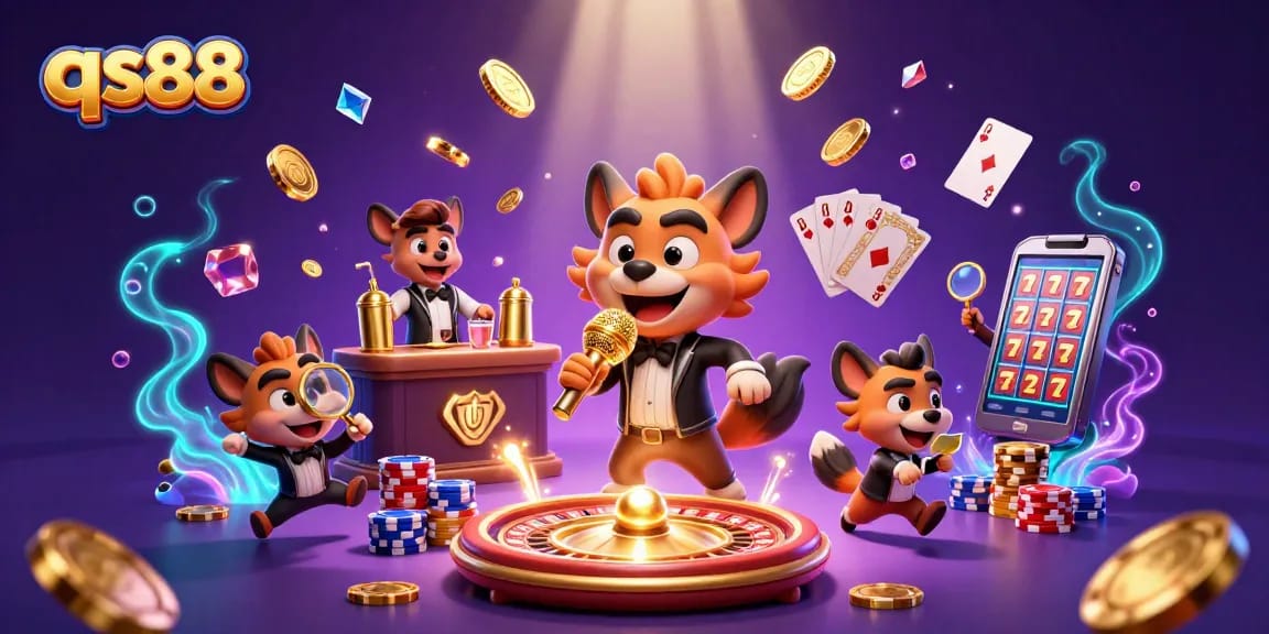 Experience the thrill of qs88 with lively hyenas in a colorful casino scene, depicting dynamic gaming action.