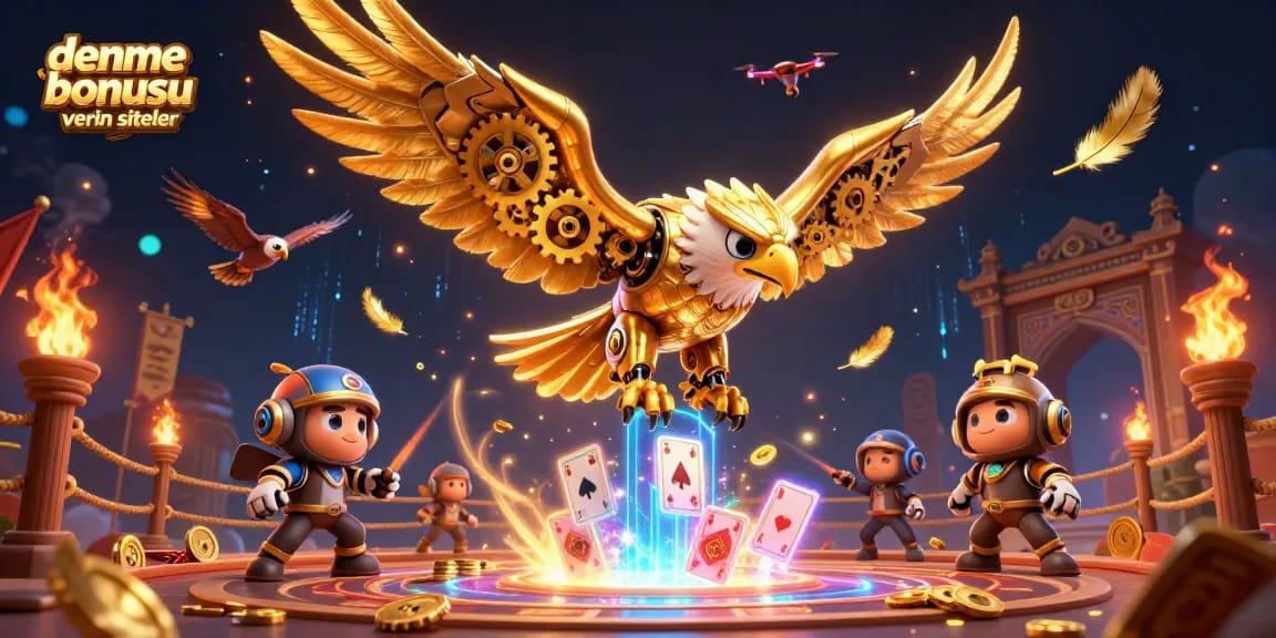 Engage with deneme bonusu veren siteler through a vibrant 3D casino scene featuring a golden eagle.