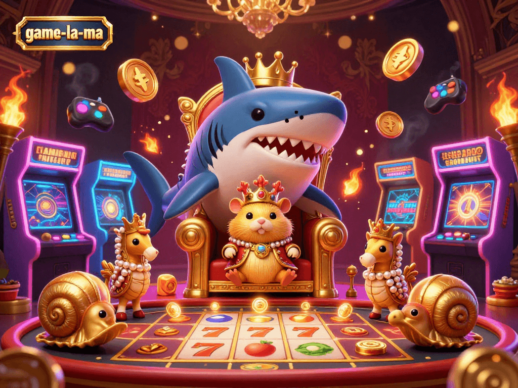 Engage in action with game-la-ma in a vibrant casino scene featuring a golden hamster king amid colorful slot reels.