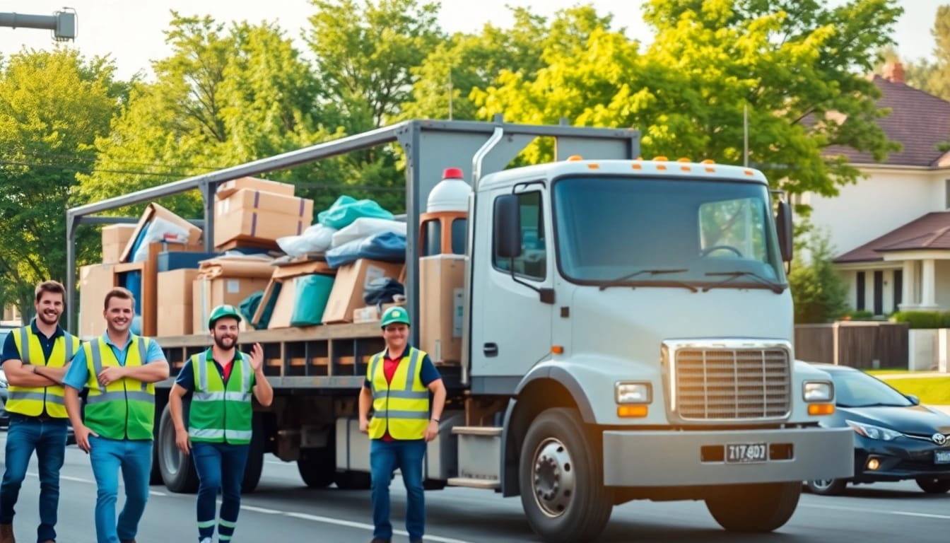Efficient hauling service transporting items with a friendly team in an urban setting.