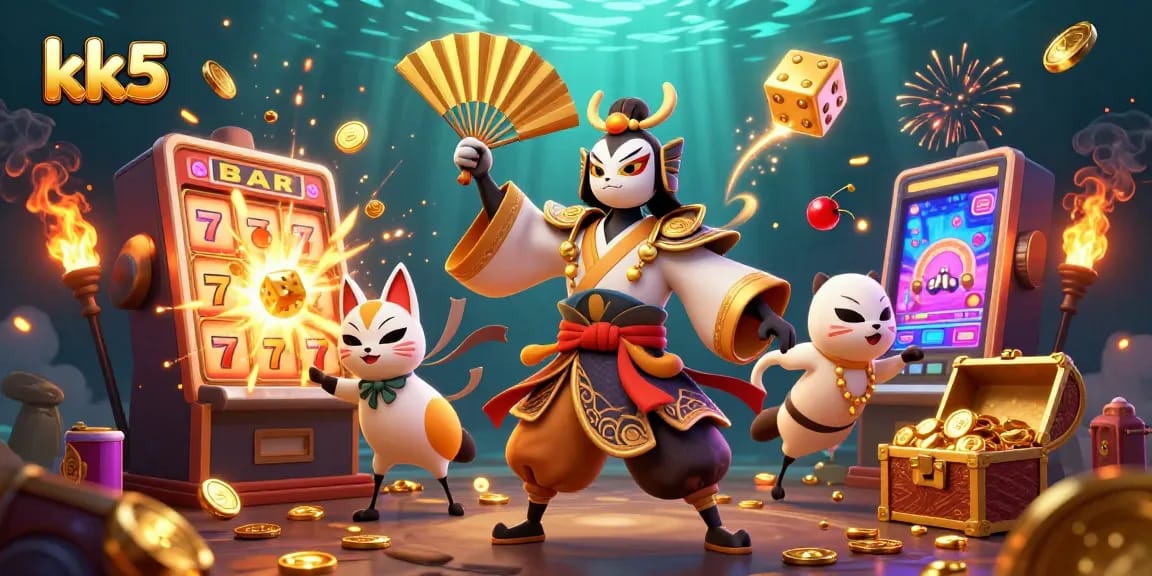 Engage in thrilling action at kk5 with 3D illustrations showcasing a kabuki warrior and casino elements.