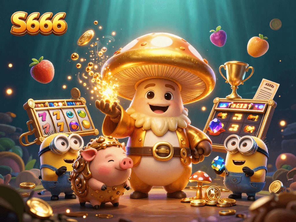 S666 players winning big with golden mushroom wizard and treasures in an exciting casino adventure