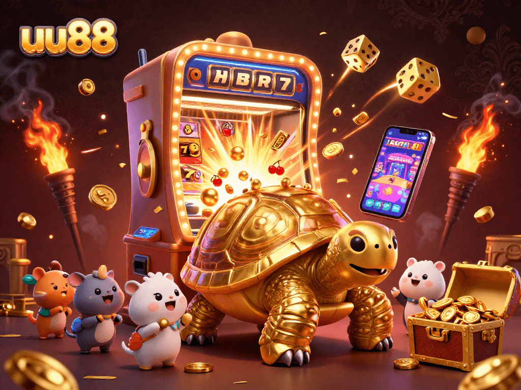 Engage in excitement at uu88, where a colossal tortoise pinball machine sparks joy in a casino atmosphere.