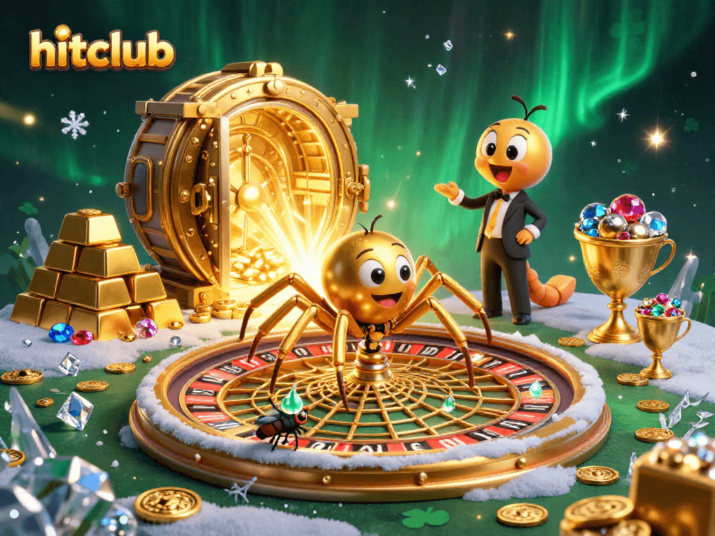hitclub depicts a thrilling betting scene with unique characters around a roulette wheel web
