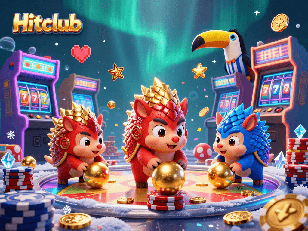 Hitclub pangolins rolling into golden balls amidst vibrant casino elements and game machines.
