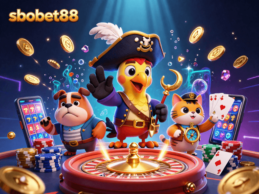 Experience sbobet88 with vibrant characters and exciting casino elements in a dynamic 3D scene.