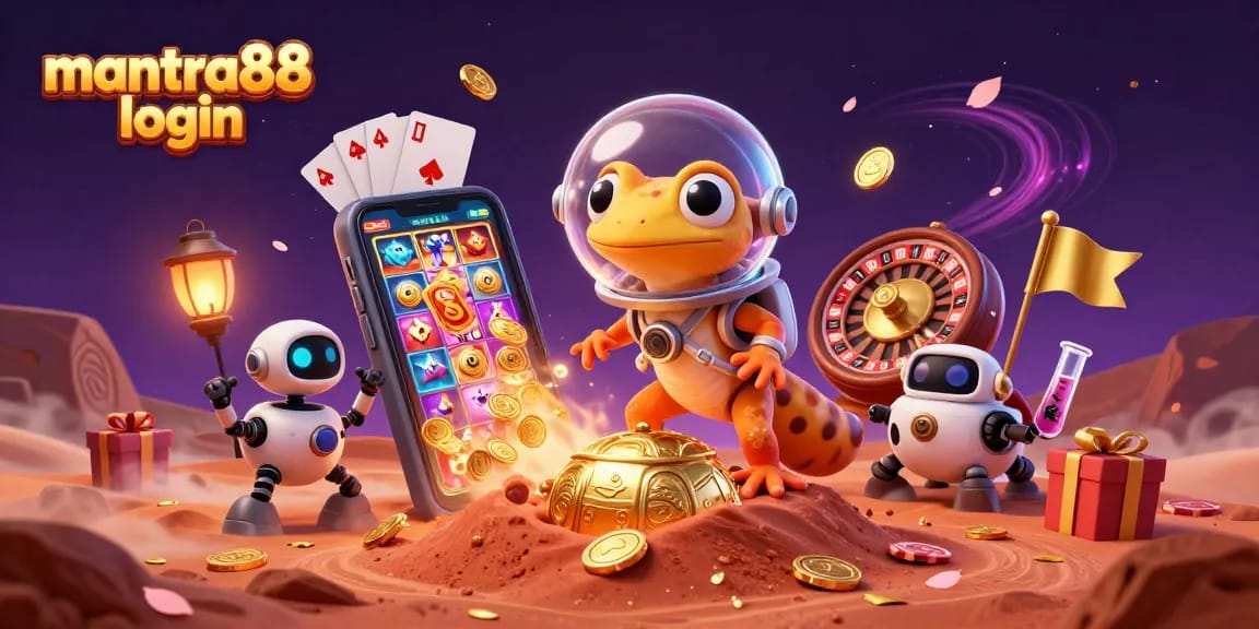 Experience the excitement with mantra88 login at a golden casino discovered by a Martian gecko in a vibrant 3D scene.