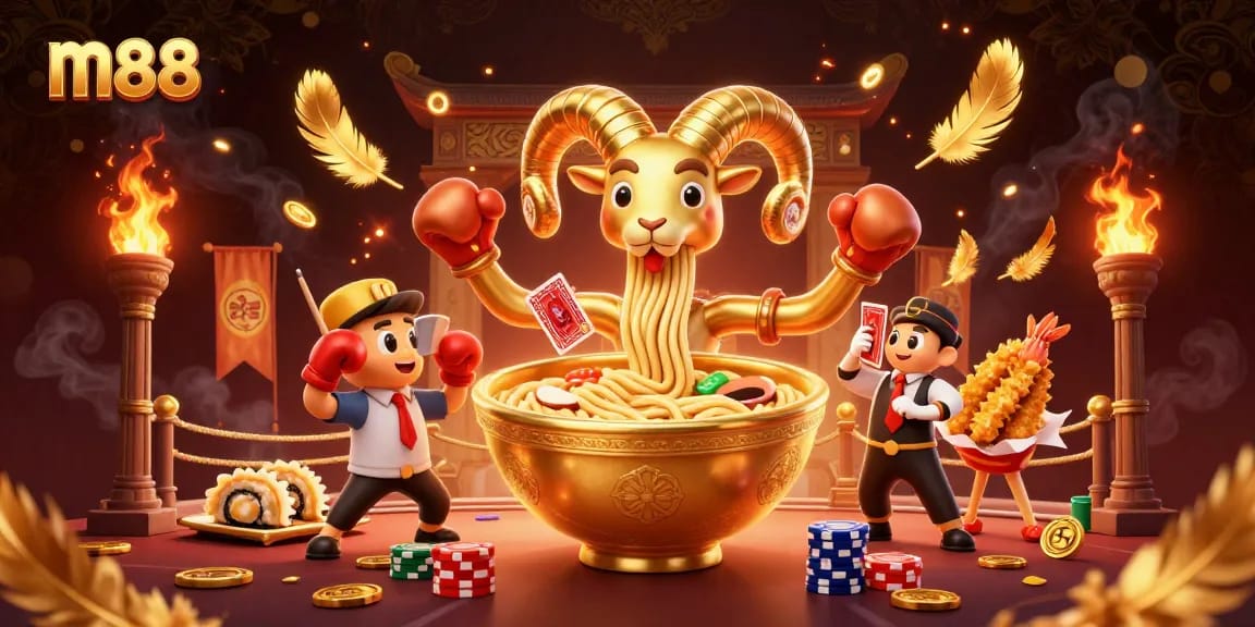 Join the lively m88 experience with a golden ramen bowl character amidst vibrant casino elements.