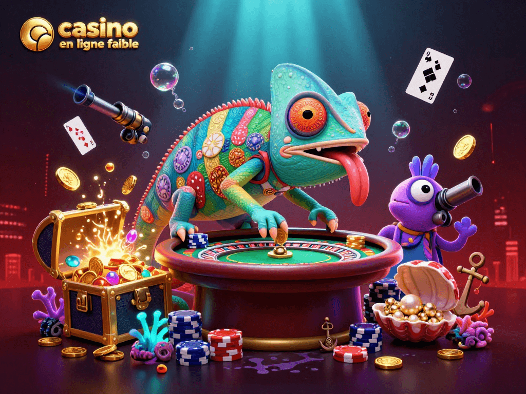 Découvrez le casino en ligne fiable avec un lézard chameau coloré et des jeux dynamiques autour.