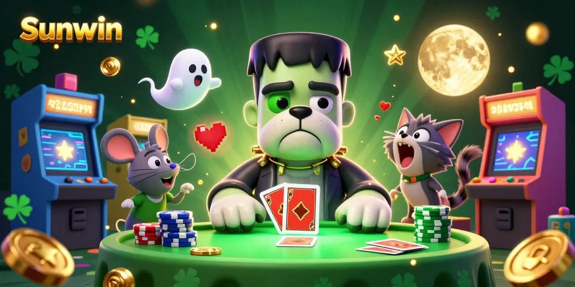 Experience thrilling gameplay at Sunwin with a 3D cartoon illustration featuring exciting casino elements.