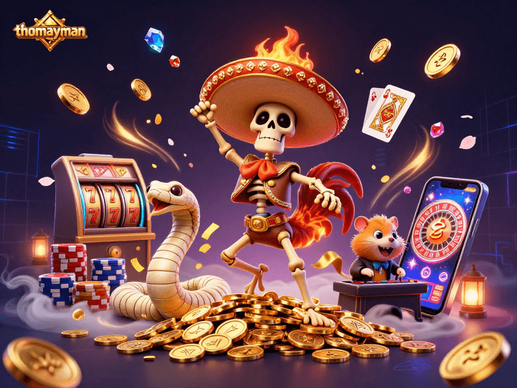 Win big with thomayman in a vibrant casino scene filled with gold coins, slot machines, and festive characters.