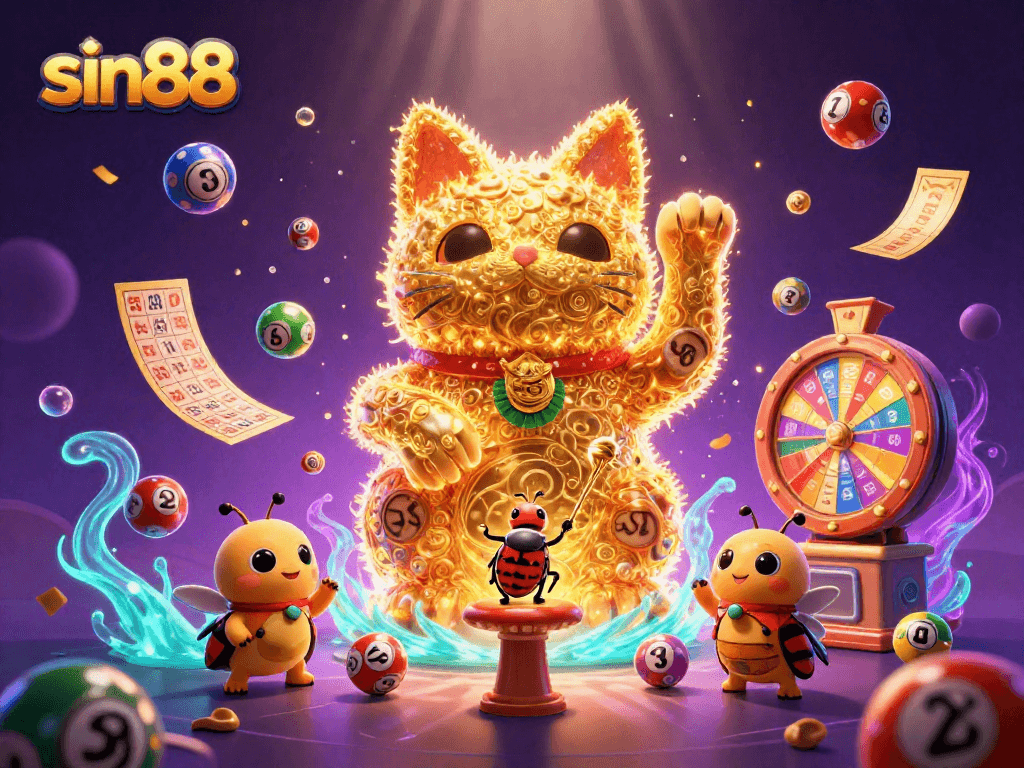 Experience sin88's vibrant casino atmosphere with a dynamic lucky cat and colorful lottery elements.