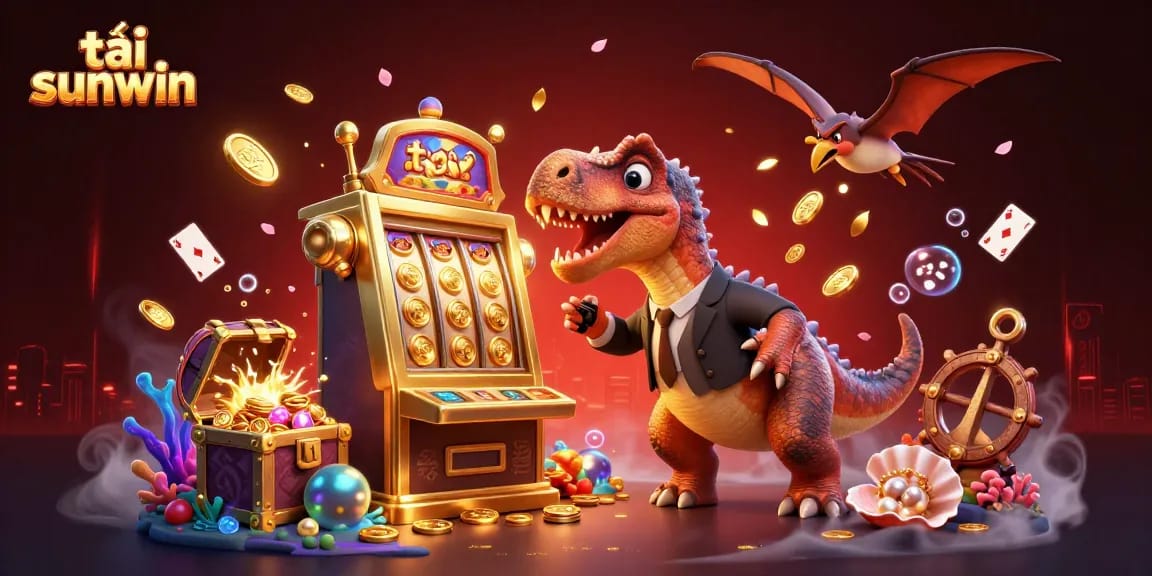 Tải sunwin visuals highlight a cartoon pachycephalosaurus winning jackpots at a casino.
