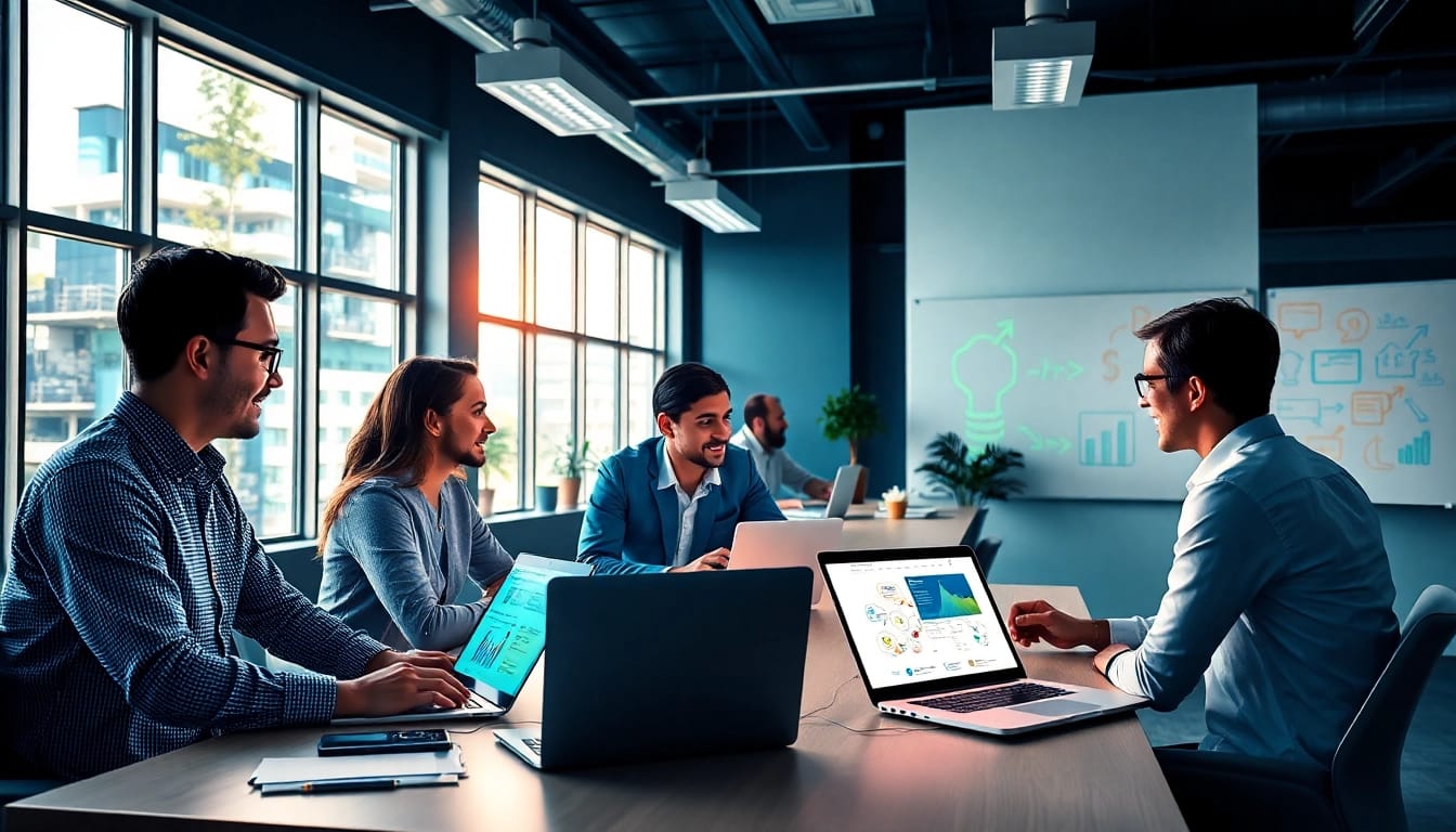 A dynamic team at a social media agency strategizing in a vibrant office environment.