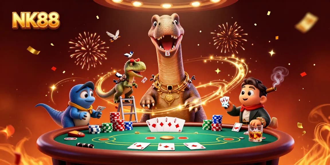 Feel the excitement at NK88 with a lively casino scene featuring dinosaurs and poker.