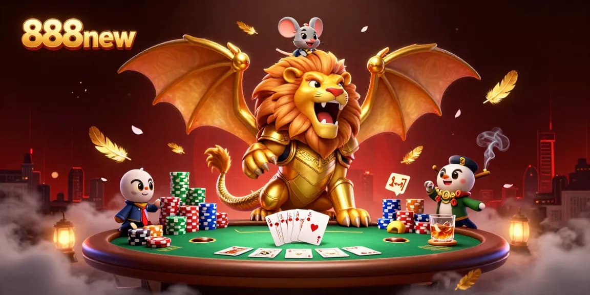 Experience the thrill at 888new with a roaring chimera and poker action in a vibrant casino illustration.