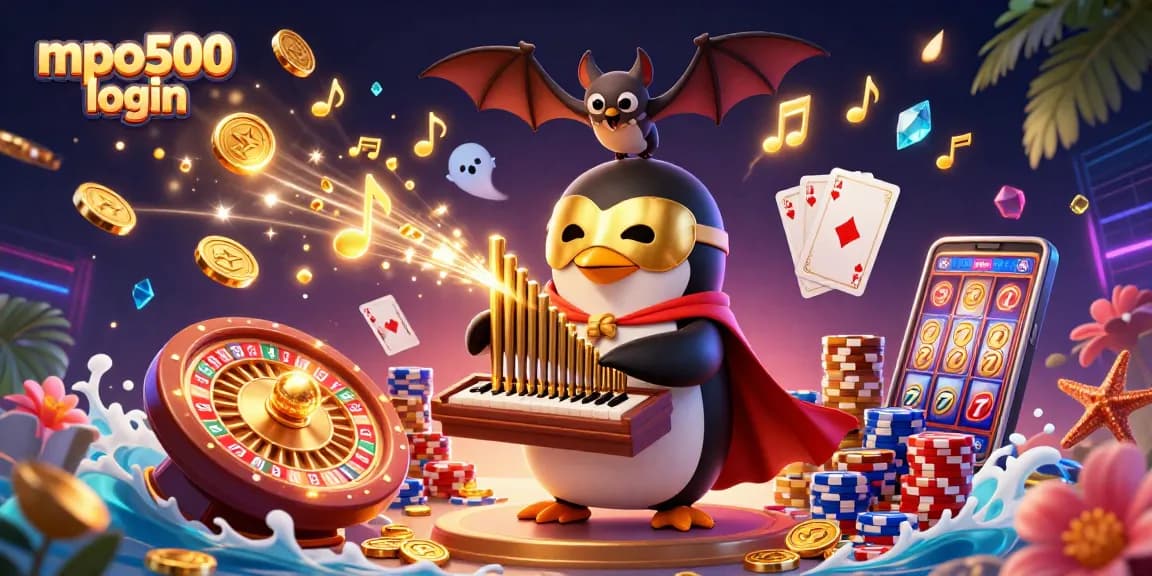 Play exciting games at mpo500 login, featuring a whimsical penguin playing an organ shooting coins.