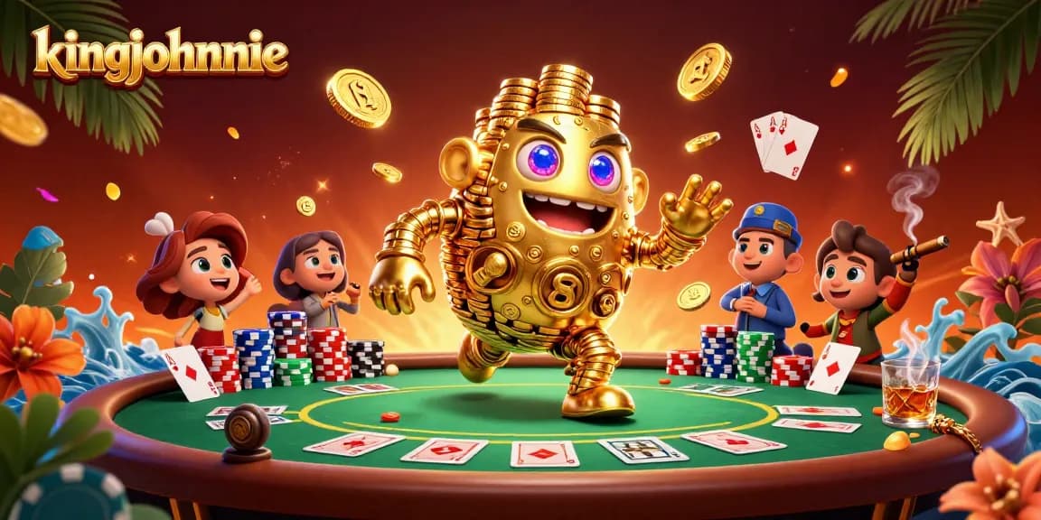 Engage with kingjohnnie's vibrant casino scene featuring a golden golem and poker elements.