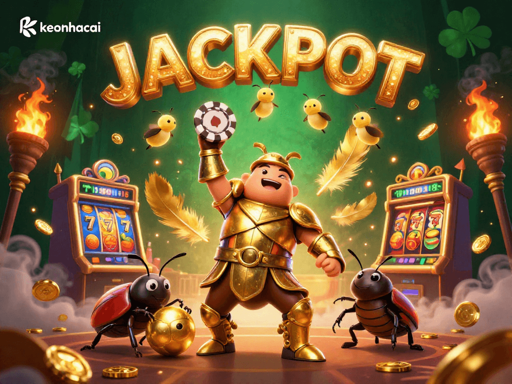 Experience keonhacai's thrilling jackpot with a heroic beetle in a colorful casino scene.