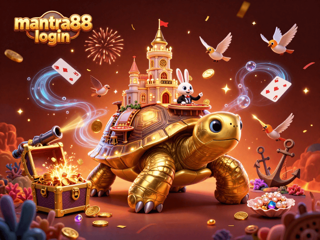 Experience the thrill of mantra88 login with a vibrant 3D illustration showcasing a golden tortoise casino.