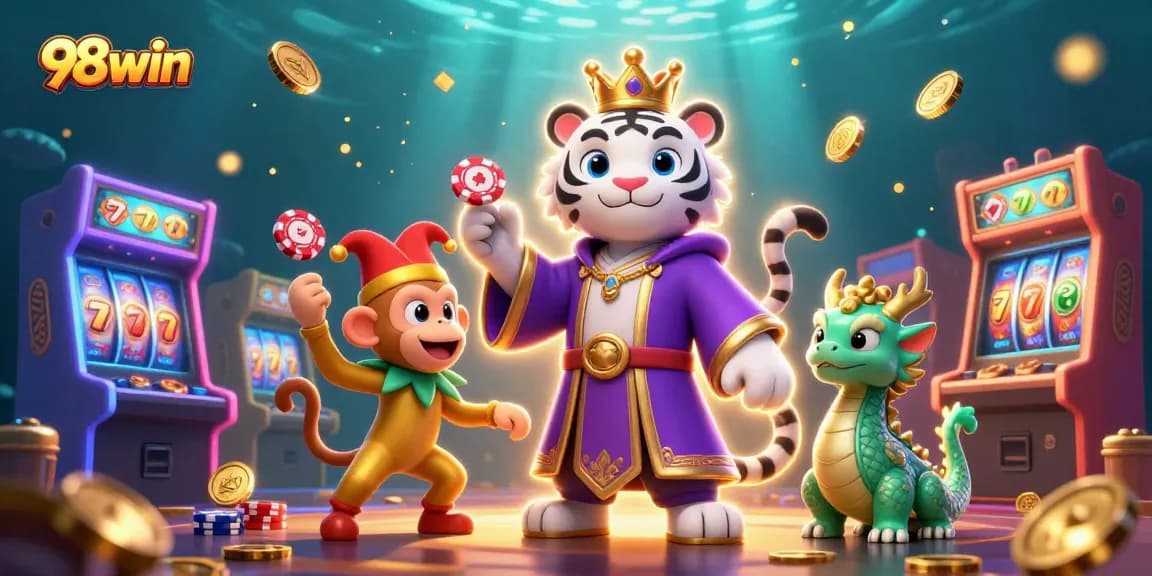 Experience excitement at 98win with colorful slot machines and lively 3D characters in a vibrant casino scene.