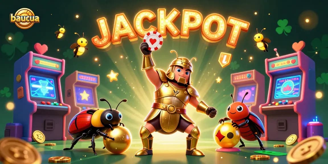 baucua brings excitement as a hercules beetle lifts a poker chip in a victorious 3D casino scene.