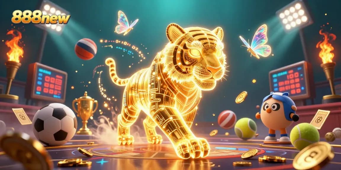 Experience thrilling gameplay with 888new in this vibrant casino scene featuring a golden tiger.