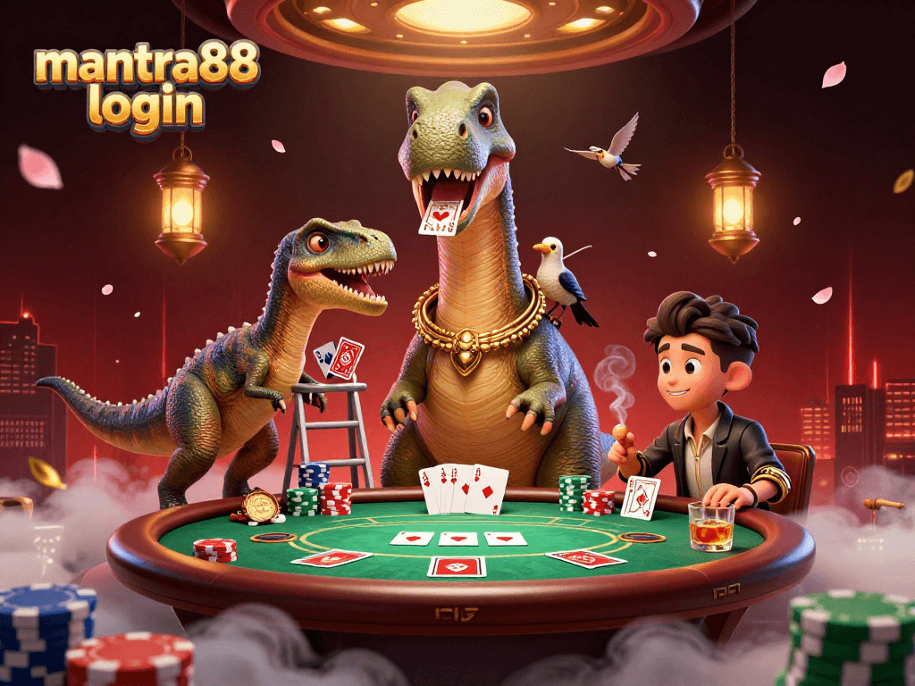 Engage with mantra88 login at a thrilling poker scene with vibrant casino elements and playful characters.