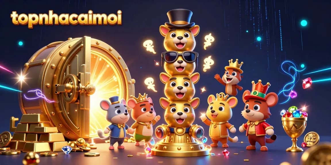 Experience the thrill of gaming at topnhacaimoi with vibrant 3D casino illustrations showcasing lively characters and treasure.