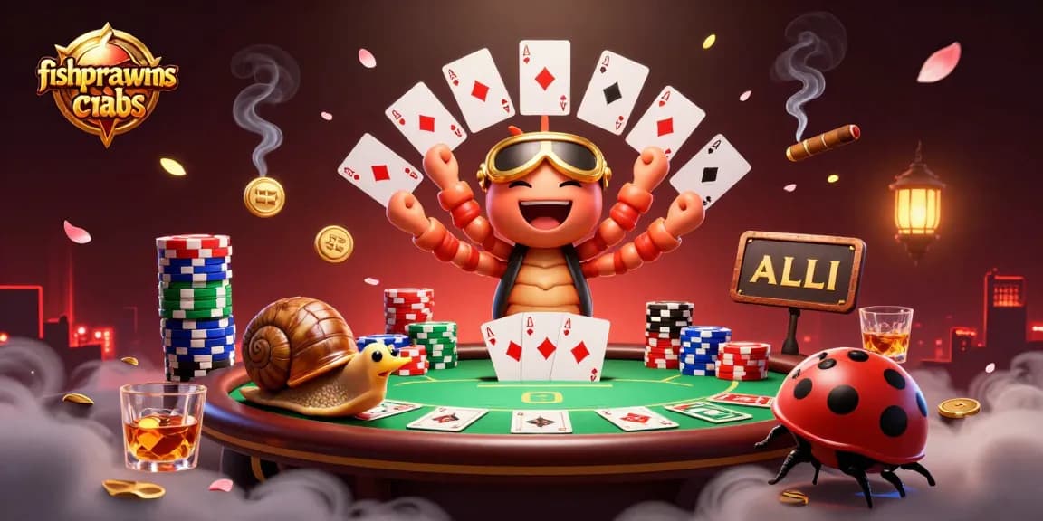 Experience thrilling gameplay with fishprawncrabs at a lively poker table featuring animated characters.