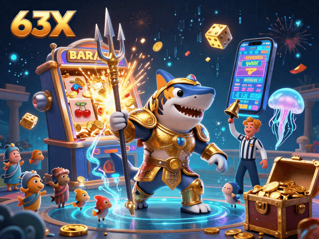 O 63X apresenta um tubarão tigre feroz em armadura de gladiador com uma tridente em um coliseu subaquático.