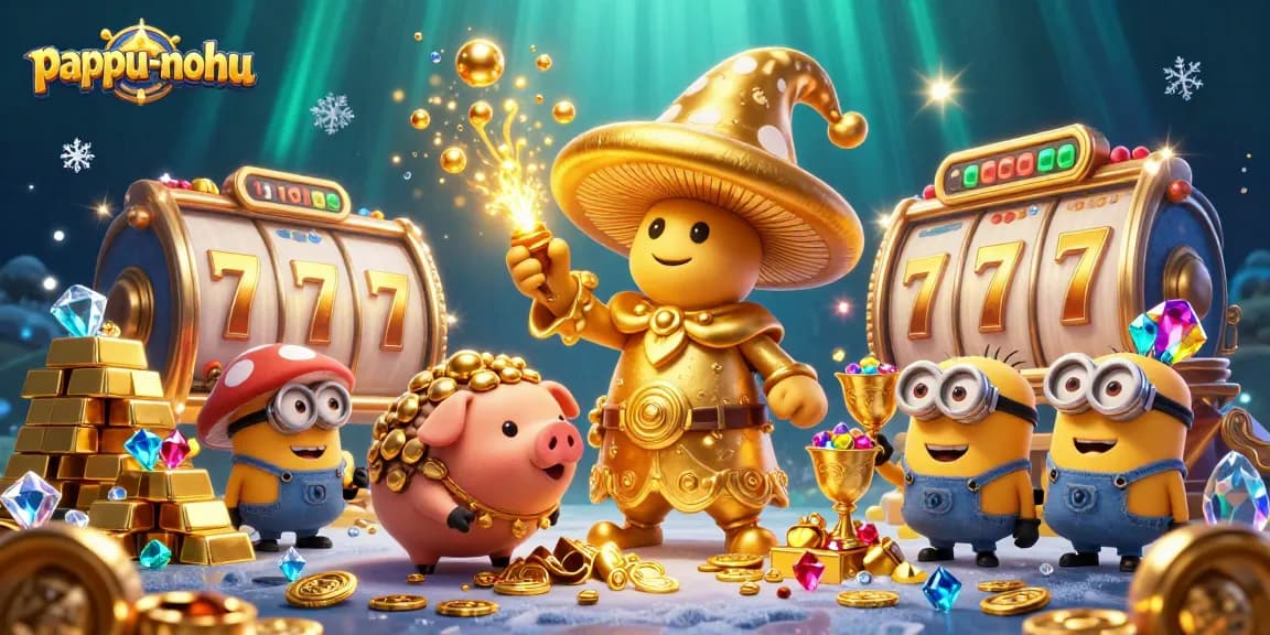 Pappu-nohu slot game illustration featuring a golden mushroom wizard and treasures.