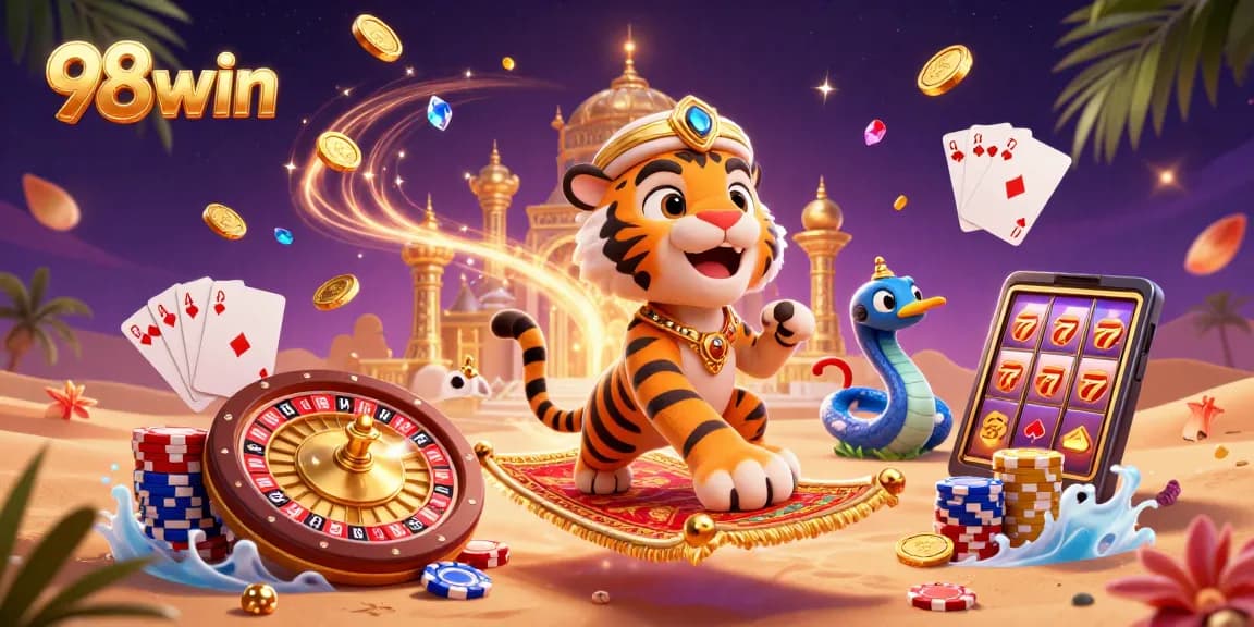 Experience thrilling gaming adventures with 98win in this vibrant 3D casino scene.