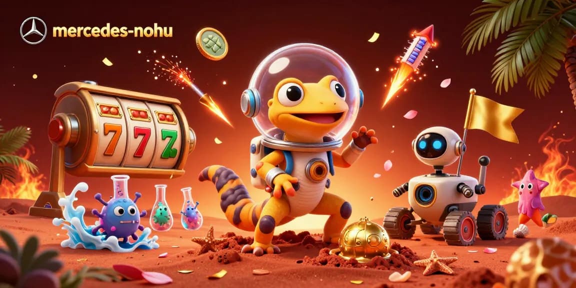 Experience the excitement of mercedes-nohu with a Martian gecko celebrating wins at a vibrant casino.