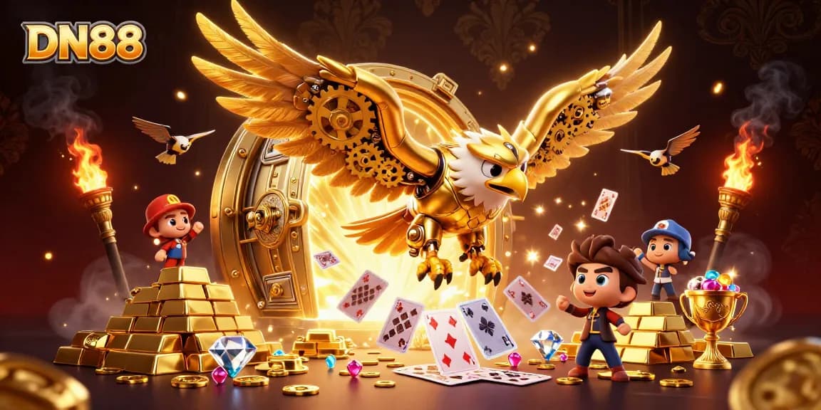Experience thrilling gameplay at DN88 with dynamic elements depicting casino treasures and a cybernetic eagle.