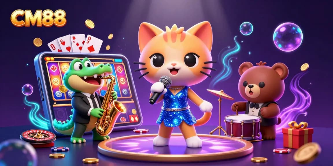 Experience excitement at CM88 with a vibrant 3D casino scene featuring characters and thrilling game elements.