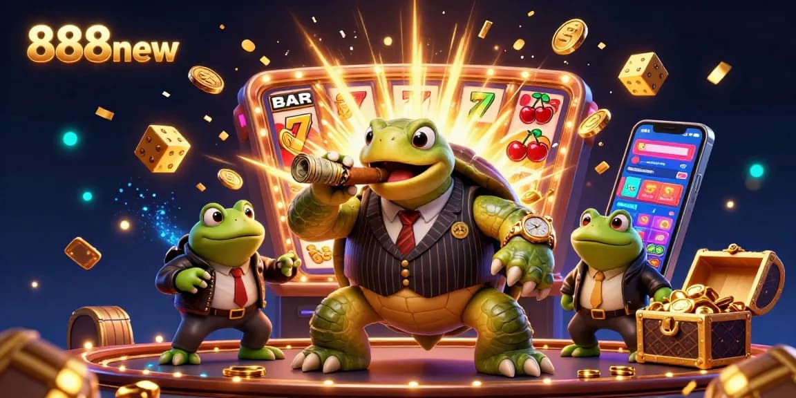 Experience the thrill of 888new with a 3D turtle mobster guarding overflowing jackpots and casino wonders.