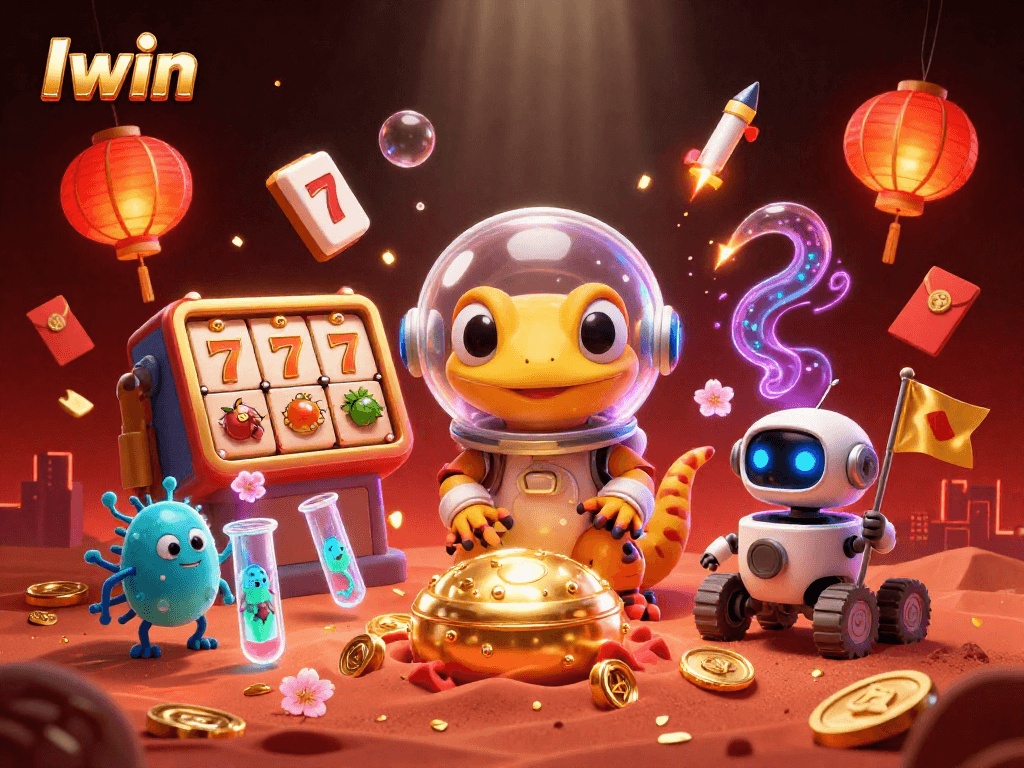 Iwin slots scene with a Martian gecko celebrating wins in a golden casino
