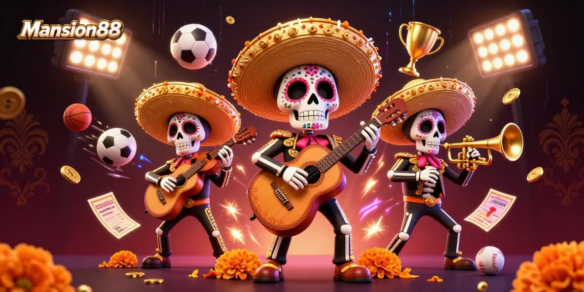Mansion88 mobilizes excitement with colorful mariachi band and dynamic sports betting elements.