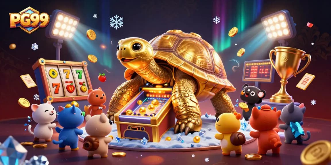 Engage with PG99 through excitement and thrilling slot games featuring a golden tortoise pinball machine.