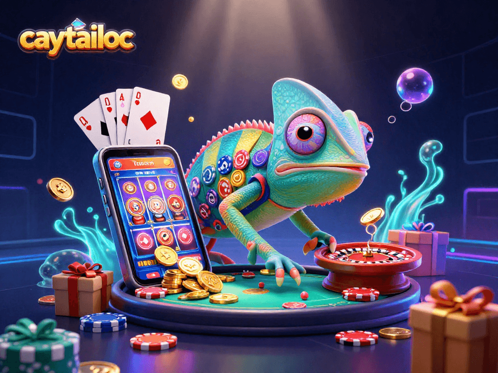Spin vibrant slots with caytailoc's stunning chameleon casino owner amidst golden coins and games.