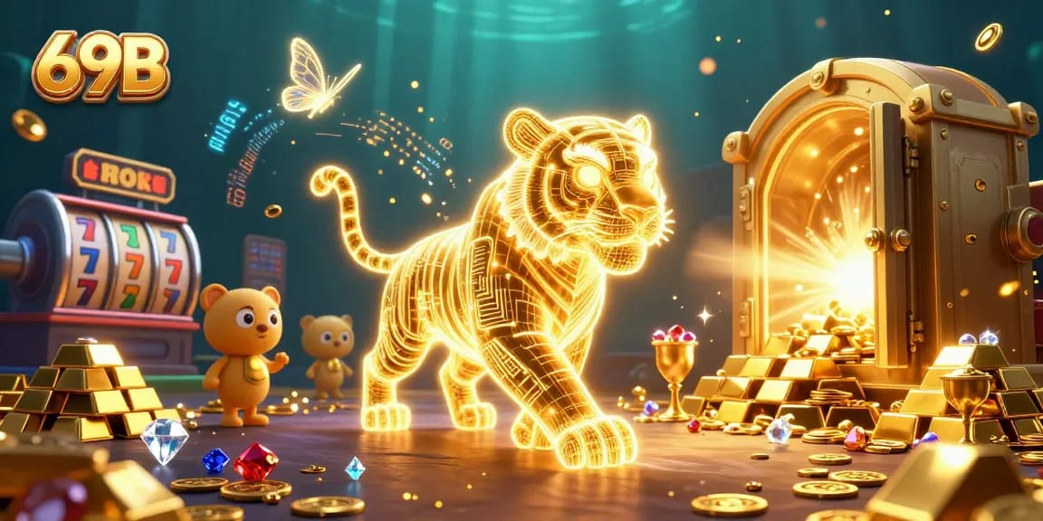 Jogue no emocionante cassino digital 69B, onde um tigre dourado energizado busca tesouros luminosos.