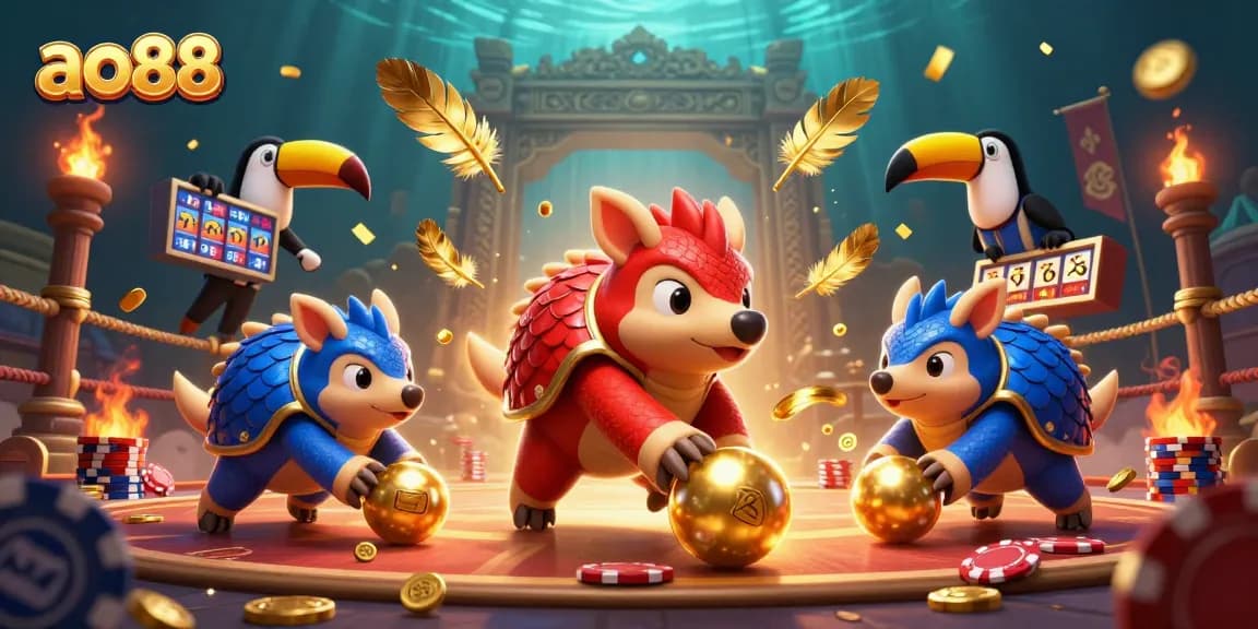 Join the exciting action at ao88 with rival pangolins bowling through poker chips in a vibrant casino scene.