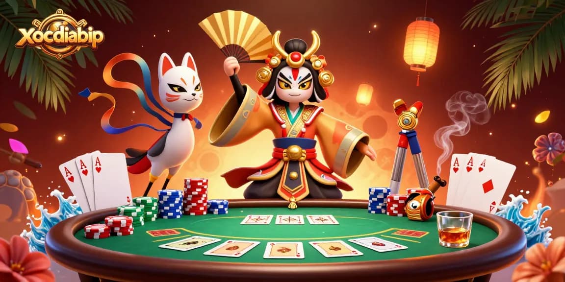 Engage with xocdiabip's vibrant poker scene showcasing colorful chips and a kabuki warrior.