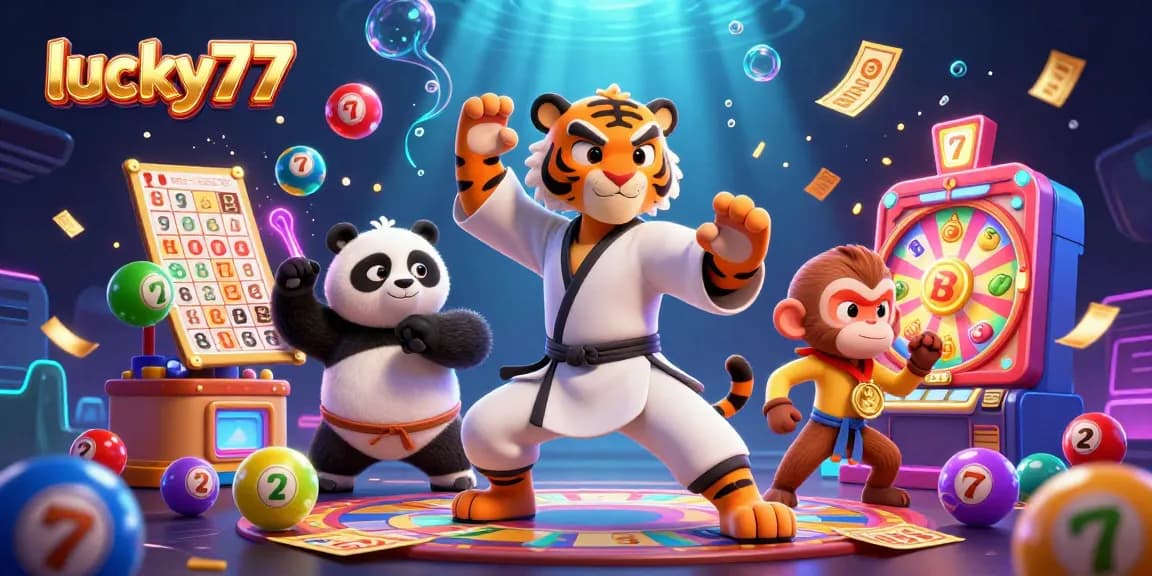 Experience lucky77 slot excitement with a kung fu tiger master surrounded by vibrant game elements.