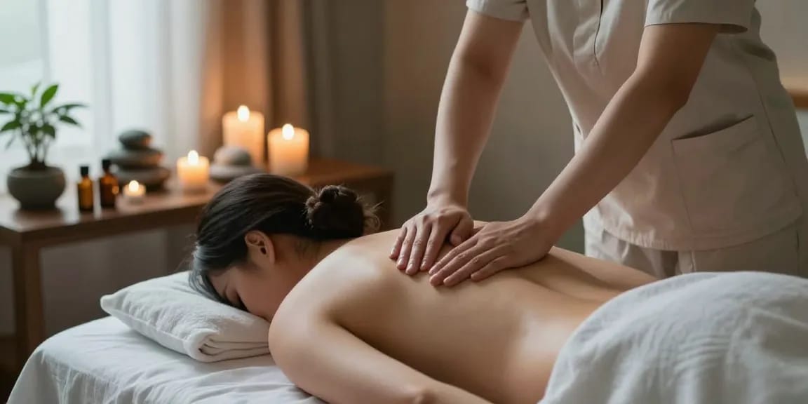 마사지 중인 고객과 테라피스트의 편안한 스웨디시 마사지 장면