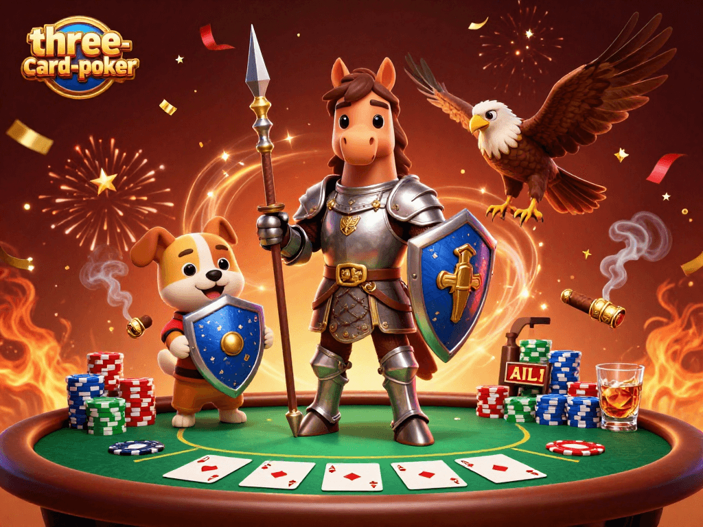 Engage with the thrilling three-card-poker gameplay featuring knights and a puppy at a vibrant poker table.