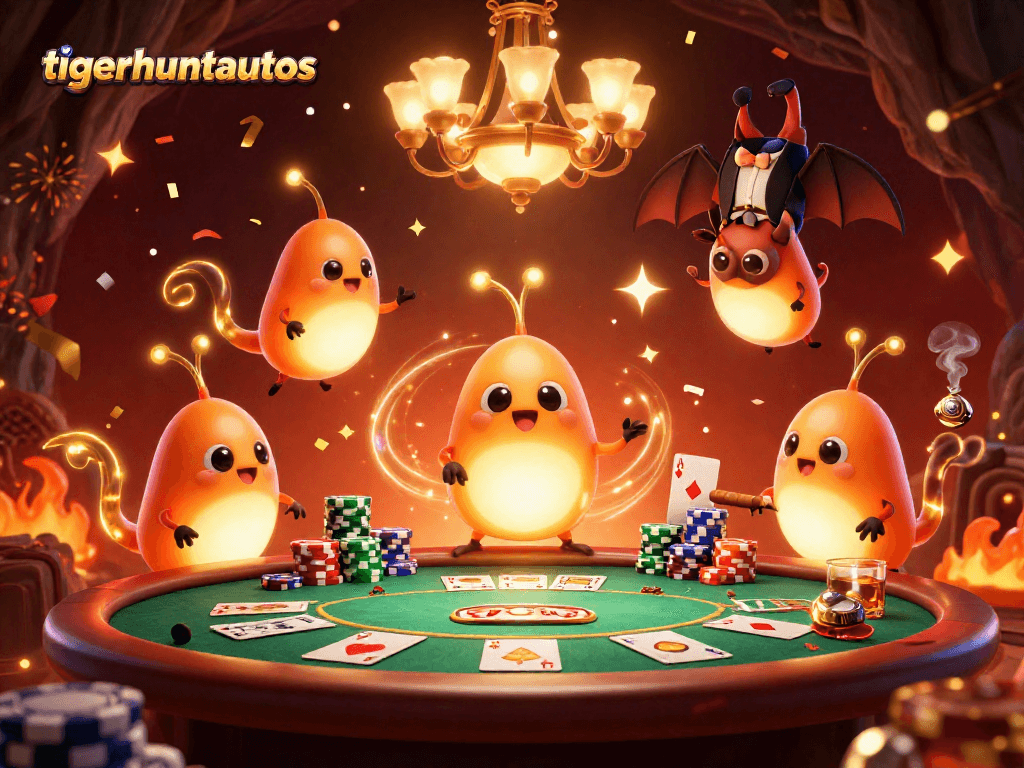 Experience gaming excitement with tigerhuntautos at this vibrant 3D casino scene featuring poker action.