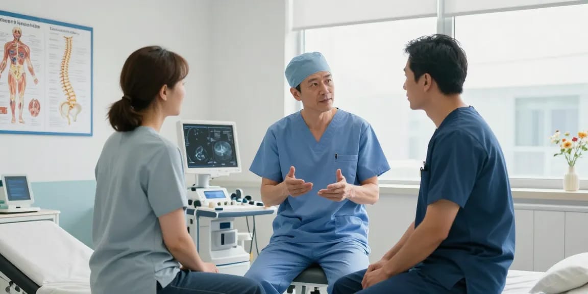 Bel fıtığı ameliyatı discussion in a modern healthcare setting with a surgeon and patient.